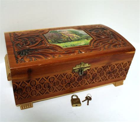 Vintage Cedar Wood Jewelry Box With Mirror 